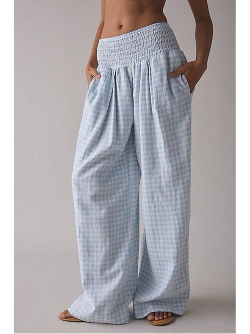 Kimchi Blue Caroline Smocked Wide Leg Linen-Blend Pants Small baby blue gingham